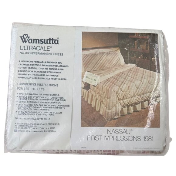 Wamsutta Nassau No-Iron Dbl Flat Sheet Beige Multicolor 50% Cotton/Poly 1981 Vtg - Picture 2 of 3